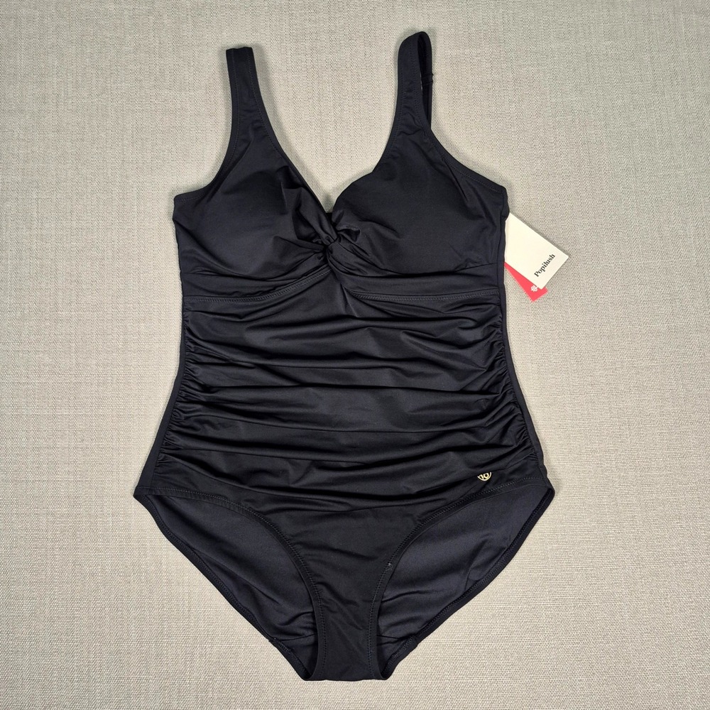 Popilush Black Ruched Tummy Control Twist Front One Piece Swimsuit Size L NWT